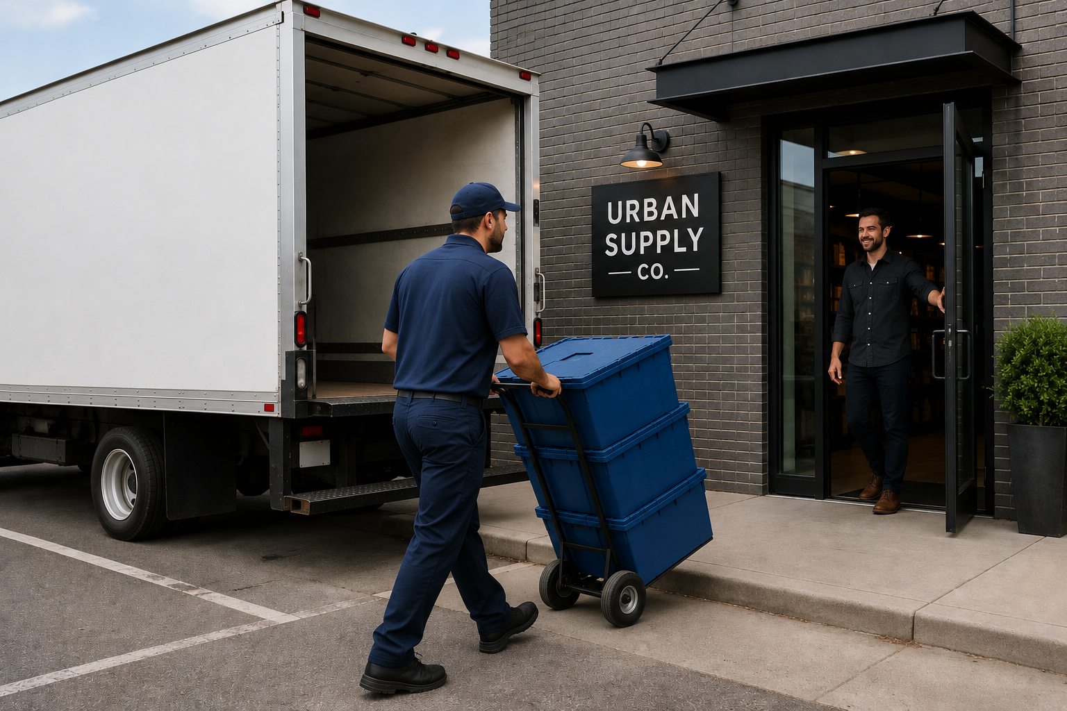 A delivery professional using a dolly to transport three secure bins to a business as the client waits for the items at the doorway and the delivery truck is parked in the background.