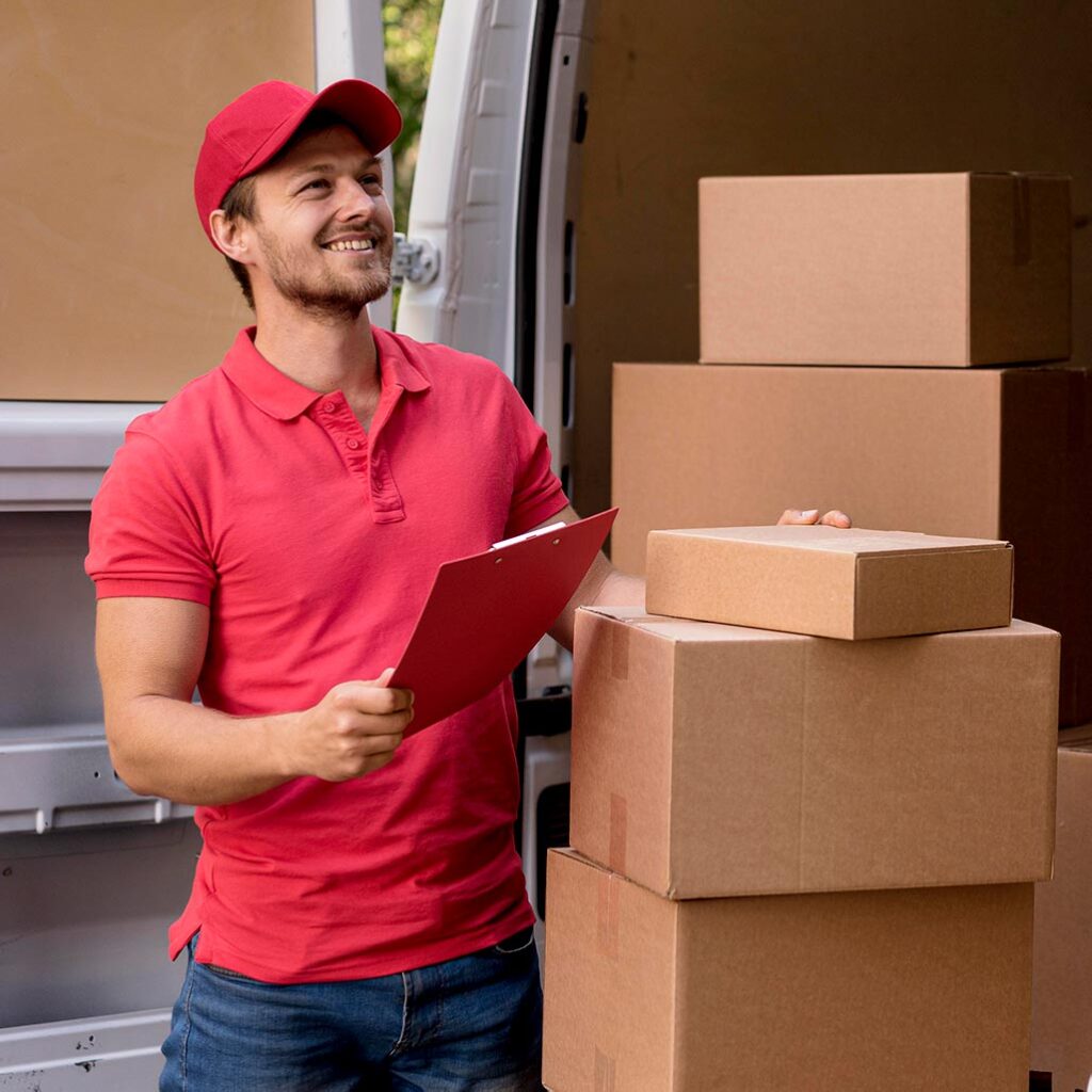 delivery man with a stack of boxes