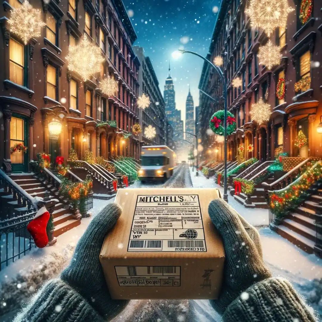 A point of view illustration of a Mitchell’sNY Logistics delivery professional carrying a package on a snowy street to make a delivery during the busy holiday season.