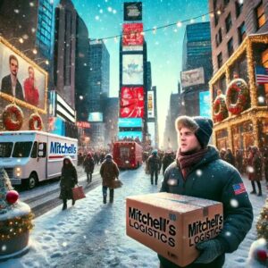 An illustration of a Mitchell'sNY Logistics courier delivering a packing in a busy city during the holiday season.