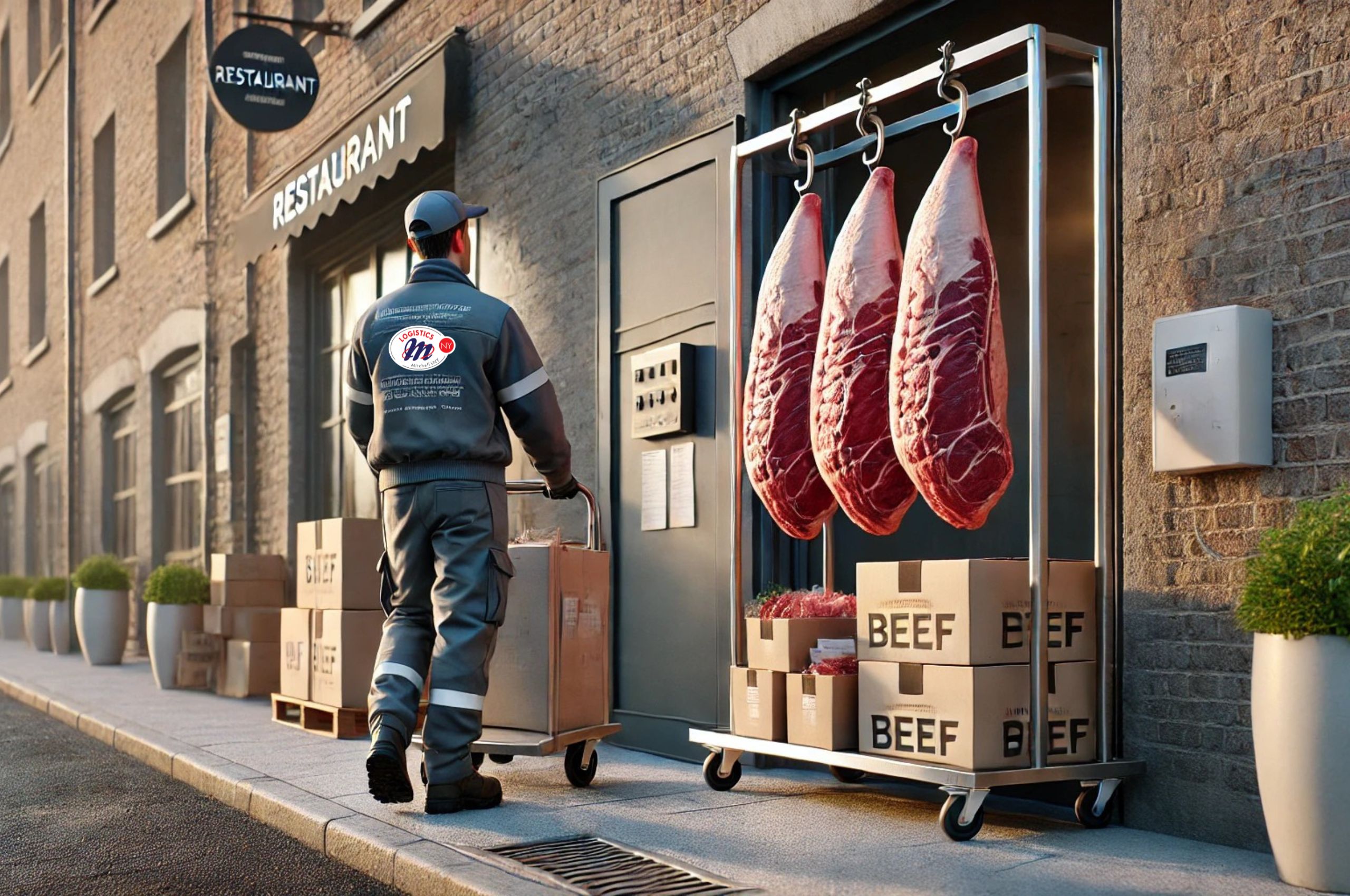 An illustration of a Mitchell’sNY Logistics team member delivering frozen sides of beef and boxes of frozen food to a restaurant.