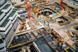 Aerial view of a construction site with supplies