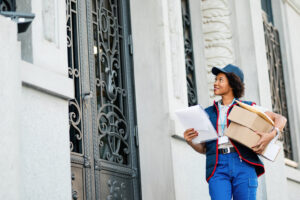 A Mitchell’sNY Logistics foot messenger carrying packages and legal documents while approaching a secure building in NYC.
