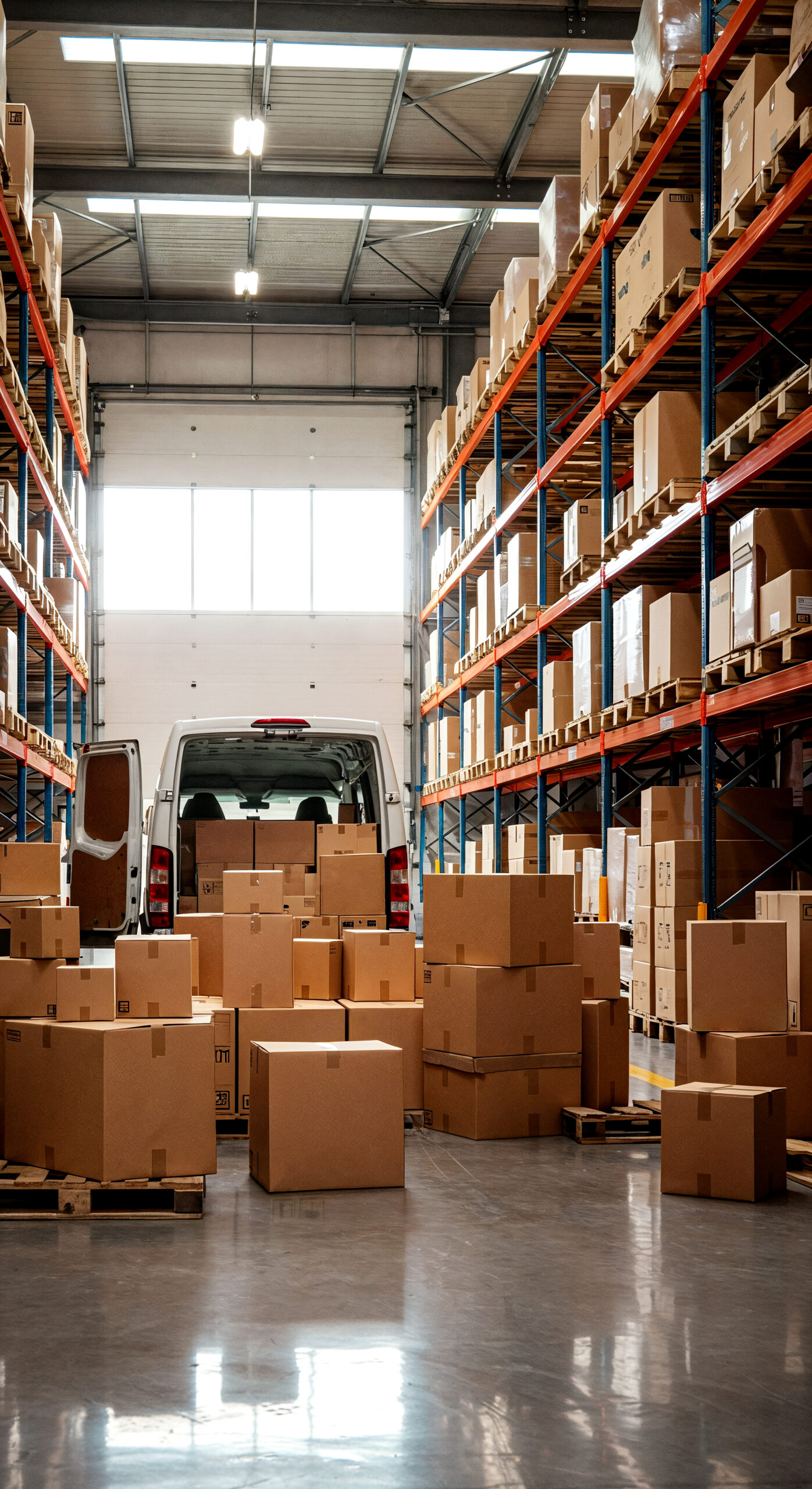 A delivery van in a warehouse loading boxes.