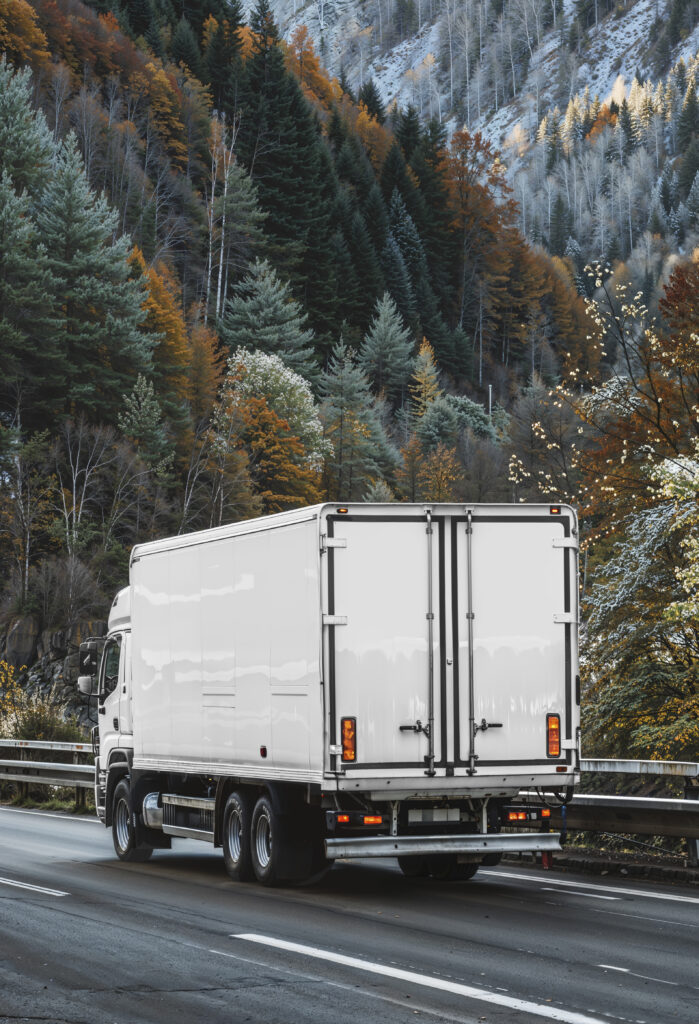 Delivery truck on a highway with trees and mountains in the background.