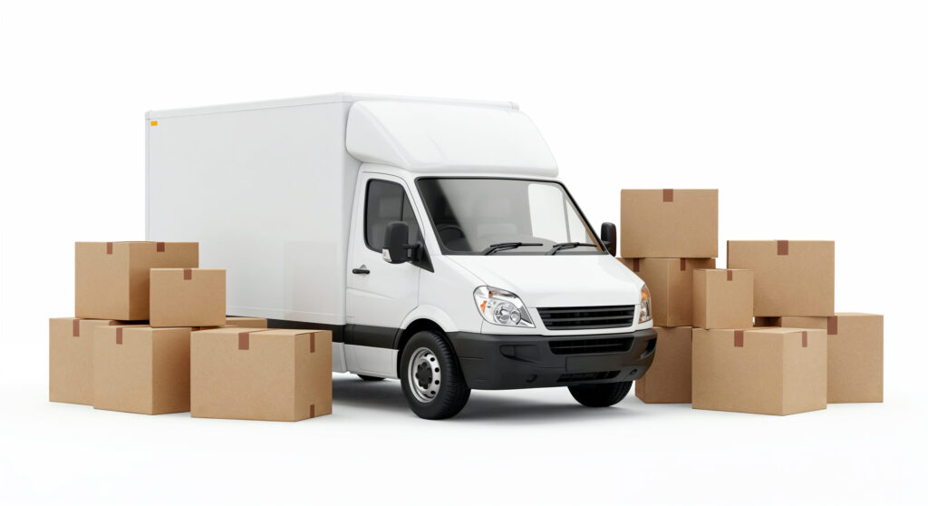 delivery truck surrounded by cardboard boxes