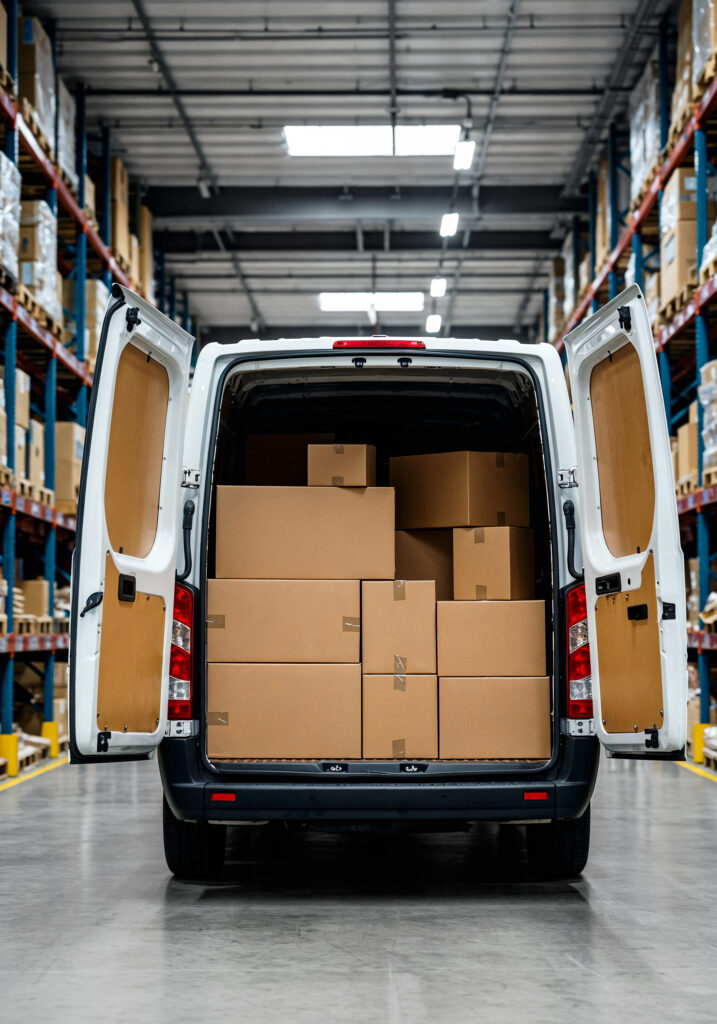Delivery van packed with boxes in a warehouse