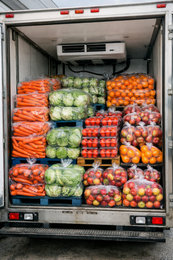 The back of a refrigerated delivery truck packed with produce.