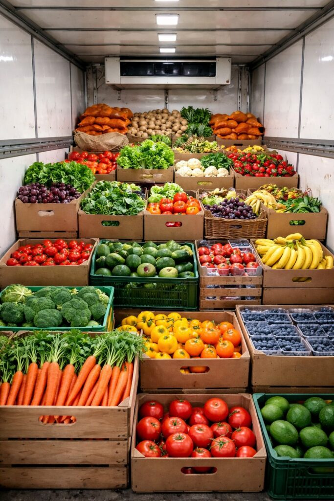 Crates of fresh produce packed in the back of a refrigerated delivery truck.
