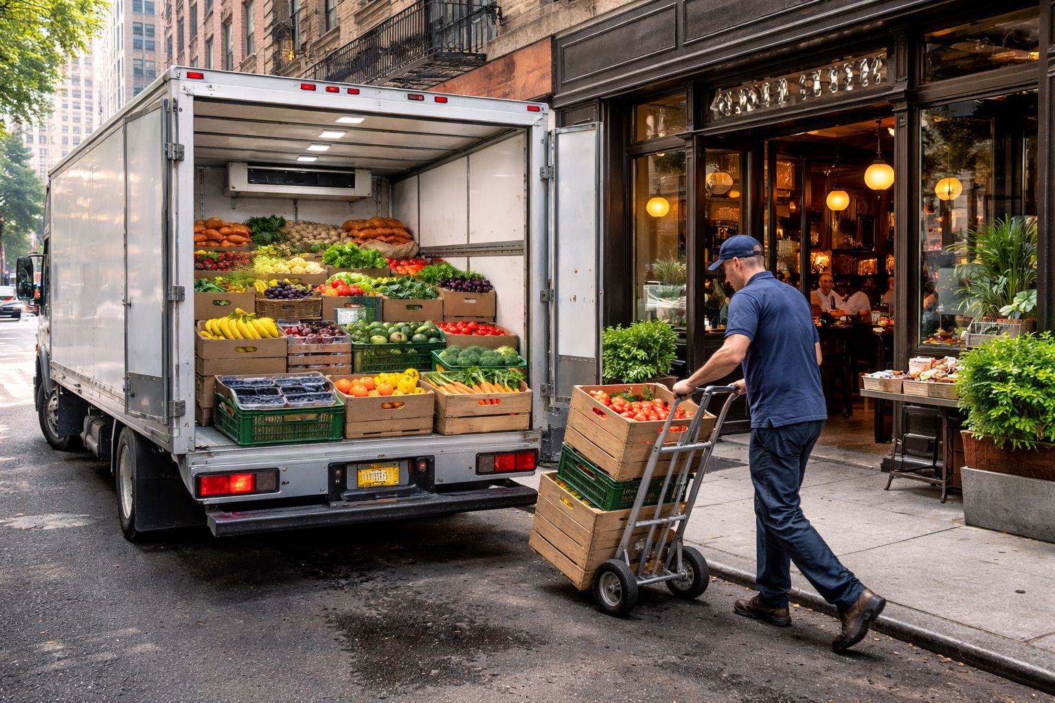 A delivery professional using a hand truck to deliver fresh produce to a restaurant from the back of a refrigerated truck filled with other perishable goods and food.