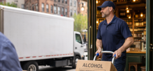 A Mitchell’sNY Logistics delivery person wheels unopened cases of alcohol into a New York business, illustrating compliant alcohol delivery and careful handling.